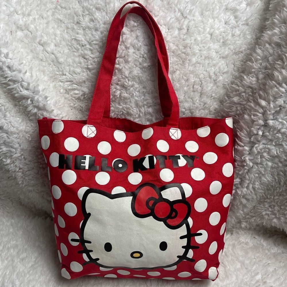 Hello Kitty Sanrio red fabric tote with white polka dots and black prints
